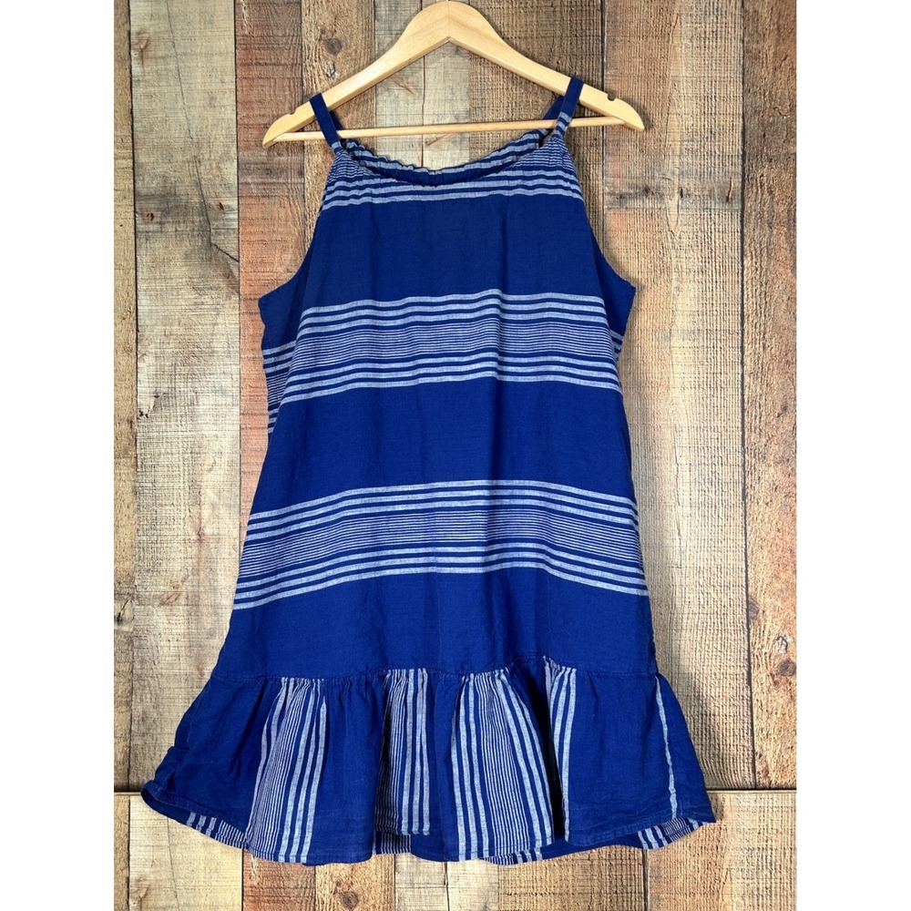 Old Navy Blue Striped Linen Cotton Blend Ruffle Hem Shift Sundress Large Boho L